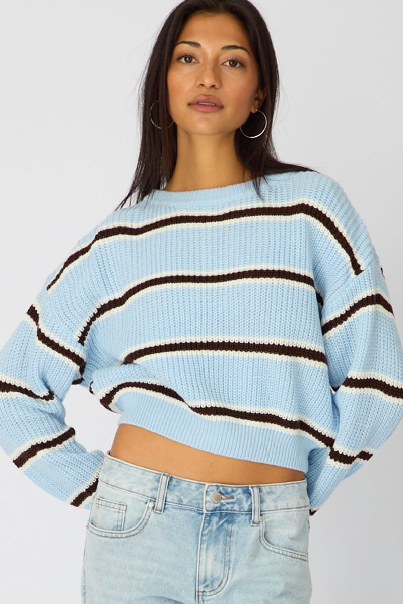 KN1372MY-148HSTRIPE_11 Blue Stripe Knit Top Long Sleeve Color Block - Image 1