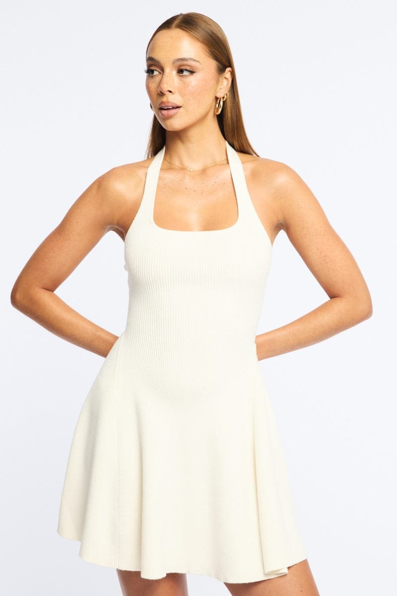 ed3575-142w_cream_1 White Halter Neck Knit Dress - Image 1