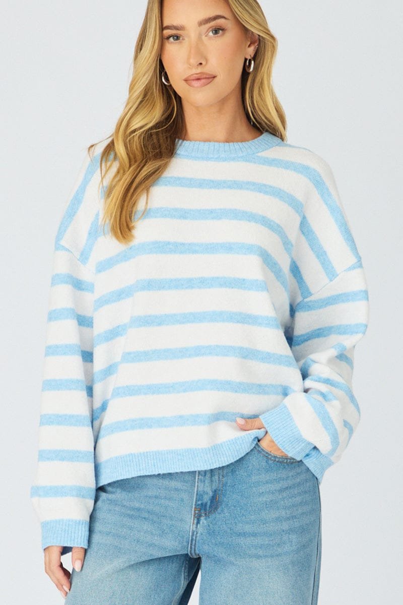 kn0061l-710eb_stripe_1 Blue Stripe Basic Stripe Knit Sweater Oversized - Image 1