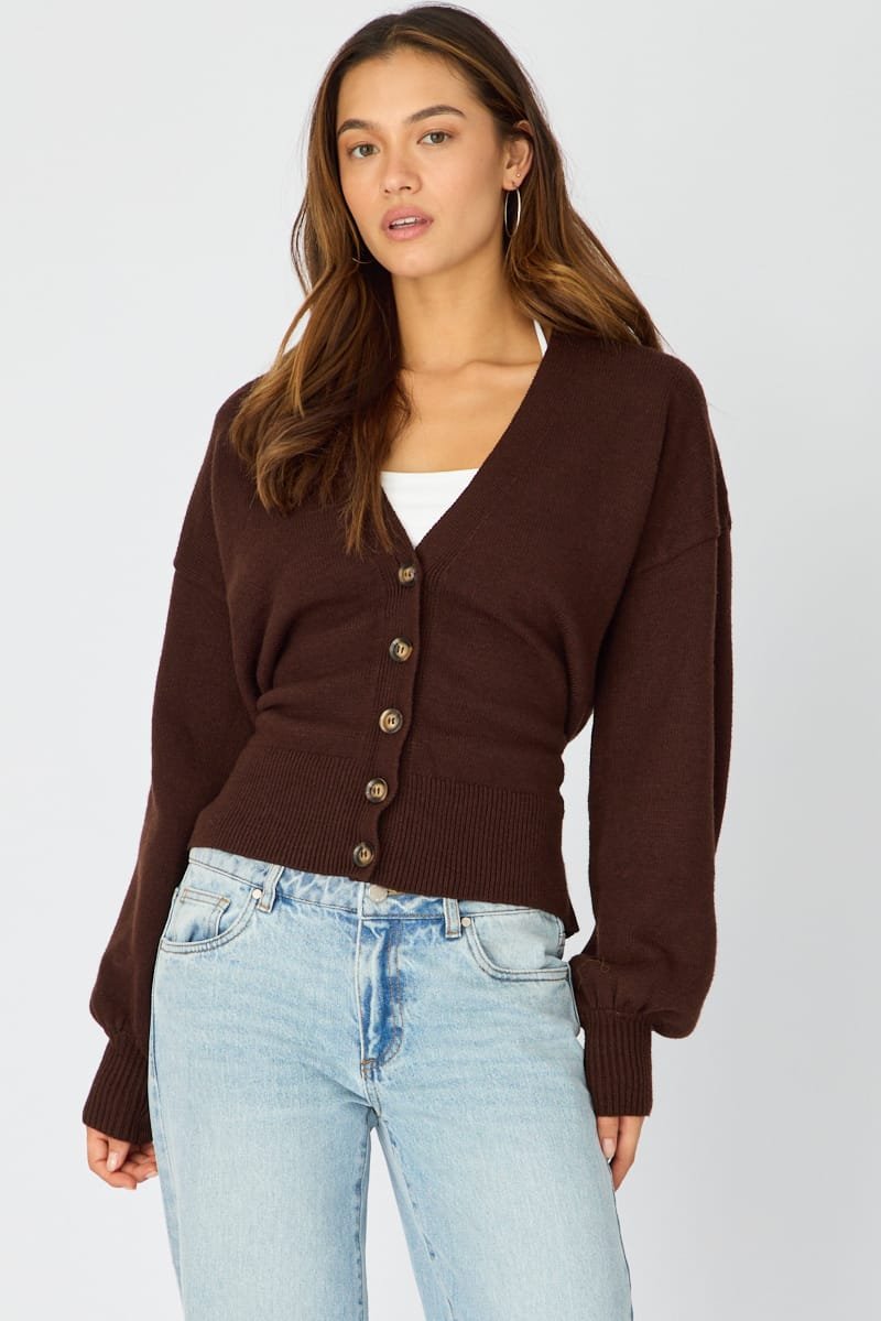 kn0111-148h_chocolate_1 Brown V-neck Knit With Back Tie Long Sleeve - Image 1