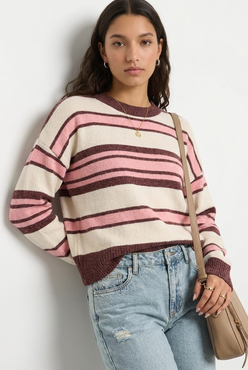 kn0121a-710e_stripe_1 Brown Stripe Chenille Stripe Knit Sweater - Image 1