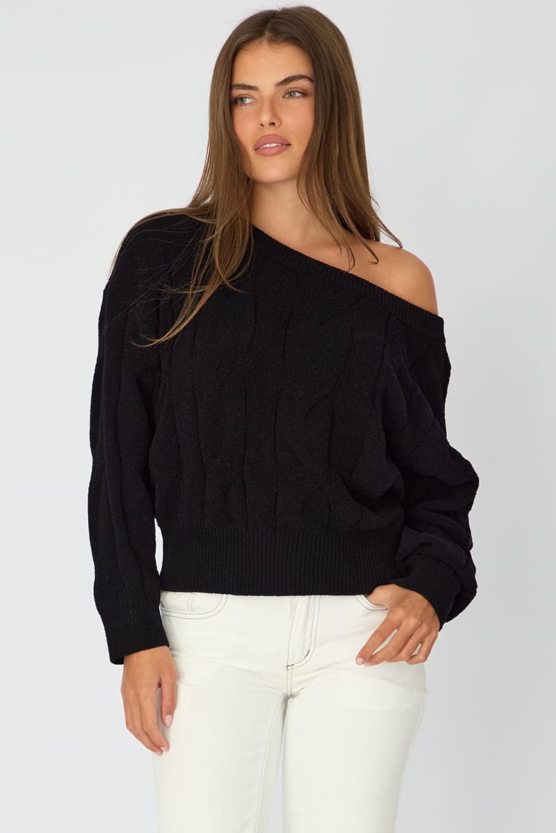 kn0123-717h_black_1 Black Cable Knit Off Shoulder Top - Image 1